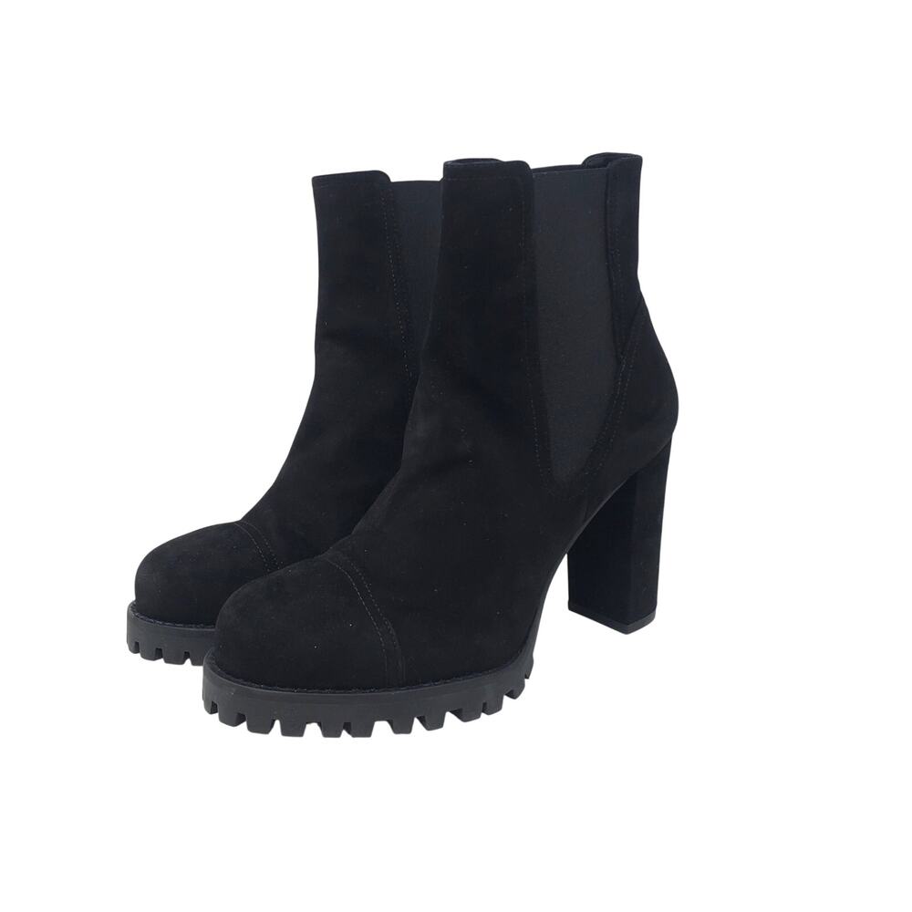 Stuart Weitzman Wenda Lugged Sole Chelsea Boots Black Suede Size 38.5 US 8